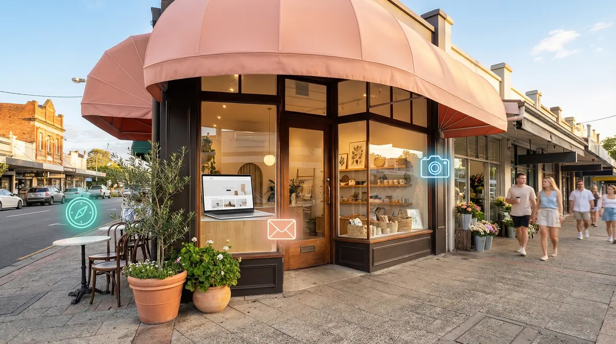 online-presence-anchor-hero-2 A charming small business shopfront on a sunny Brisbane high street, viewed straight-on with a peach-pink awning, dark timber framing, potted plants flanking the entrance, and subtle glowing teal and blue digital icons floating in the warm golden hour light