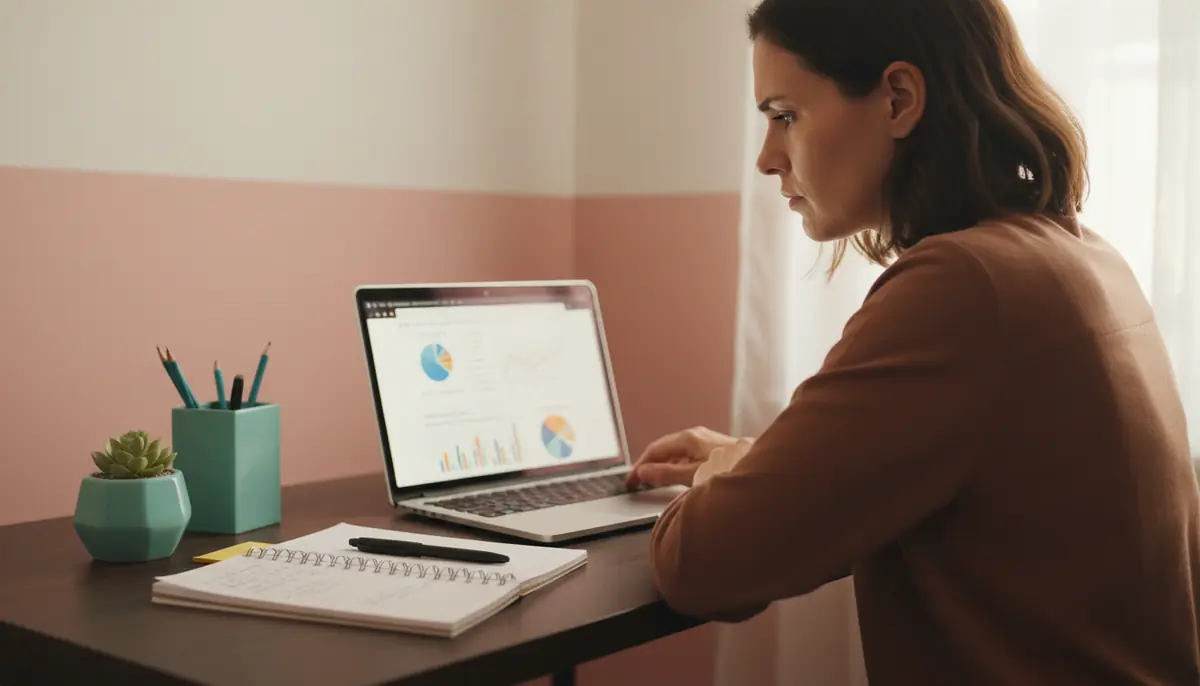 Small business owner reviewing website analytics on laptop in modern office