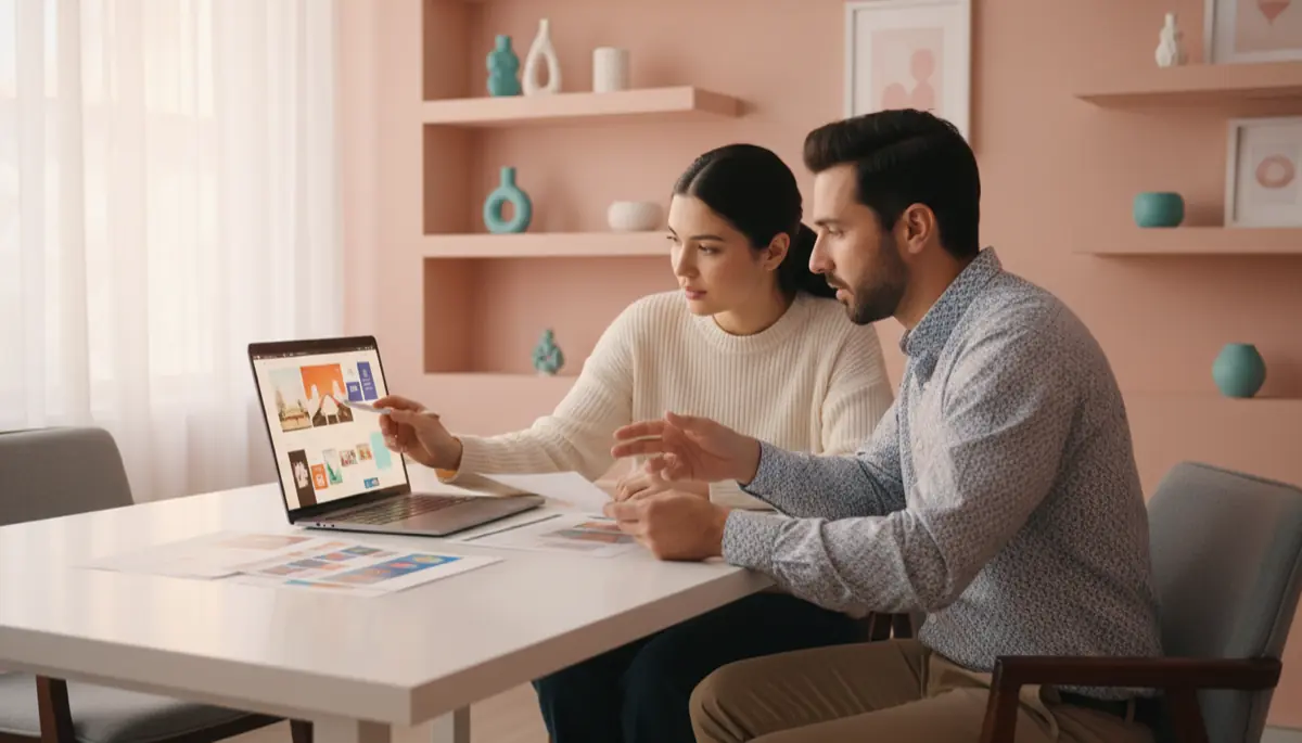 Web designer and small business owner collaborating at desk reviewing website mockups in bright modern office