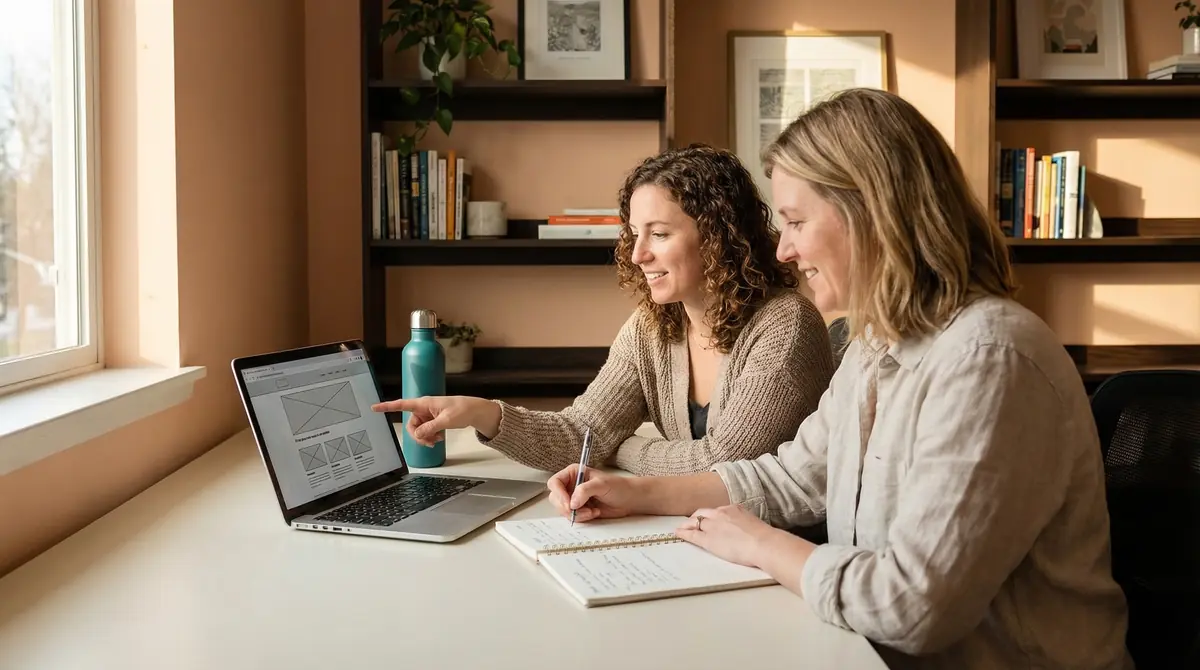 how-i-help-brisbane-small-businesses-manage-their-online-presence-hero Brisbane small business owner and web designer working together at a warm, light-filled desk reviewing a website strategy
