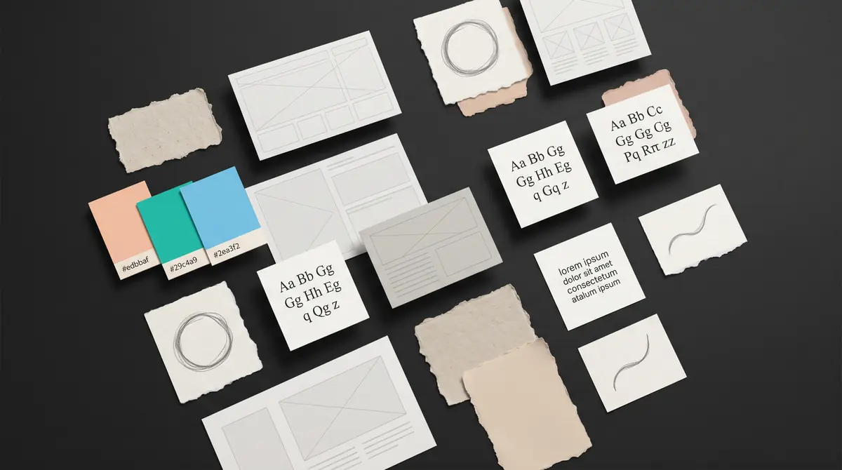 A dark-canvas design flat-lay with curated colour swatches, wireframe layout cards, and textured paper samples in peach, teal, and light blue — representing considered, hand-crafted web design